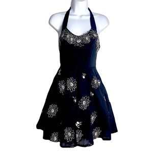 Anthropologie Odille Daisy Fit & Flare Black Halter Dress Size 0